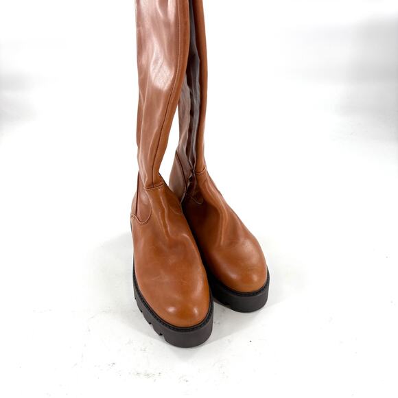 Franco Sarto Balinboot Tall Boots 7.5 NWOT Knee High Cognac Brown Leather Lug - Picture 10 of 12